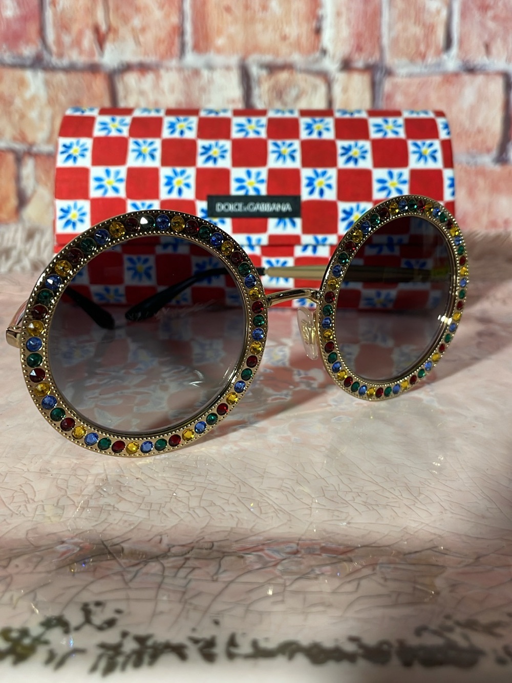 Dolce & Gabbana Gold Round Sunglasses with Multicolor Crystal Accents - Picture 2 of 6